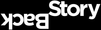 Backstory Global logo in white on a transparent background, a bold geometric sans wordmark in which the word Back is rotated 180 degrees and locks into an upright, slightly raised Story.